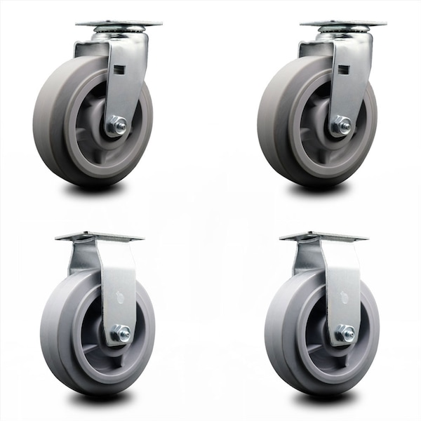 6 Inch Thermoplastic Rubber Caster Set with Roller Bearings 2 Swivel 2 Rigid